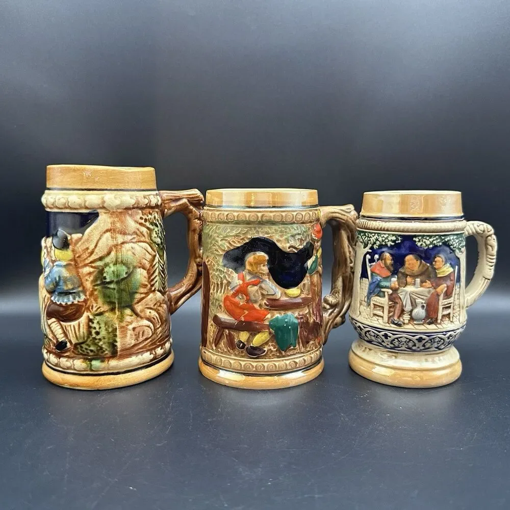 Vintage Mini Beer Steins Set of 3 Bavarian Tavern Monks Relief Ceramic Barware
